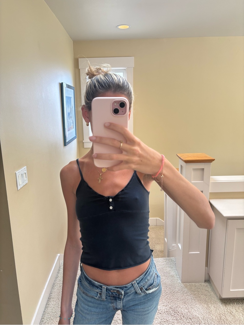 Brandy Melville Button-Front Spaghetti Strap Tank Top - Navy